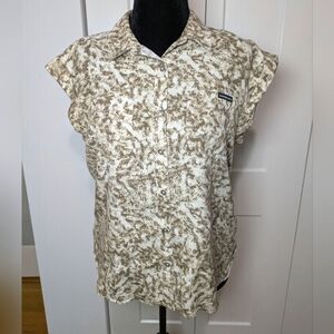 Calvin Klein Women Trendy Petite Printed Cuffed-Sleeve Button Up Top Brown Sz PM